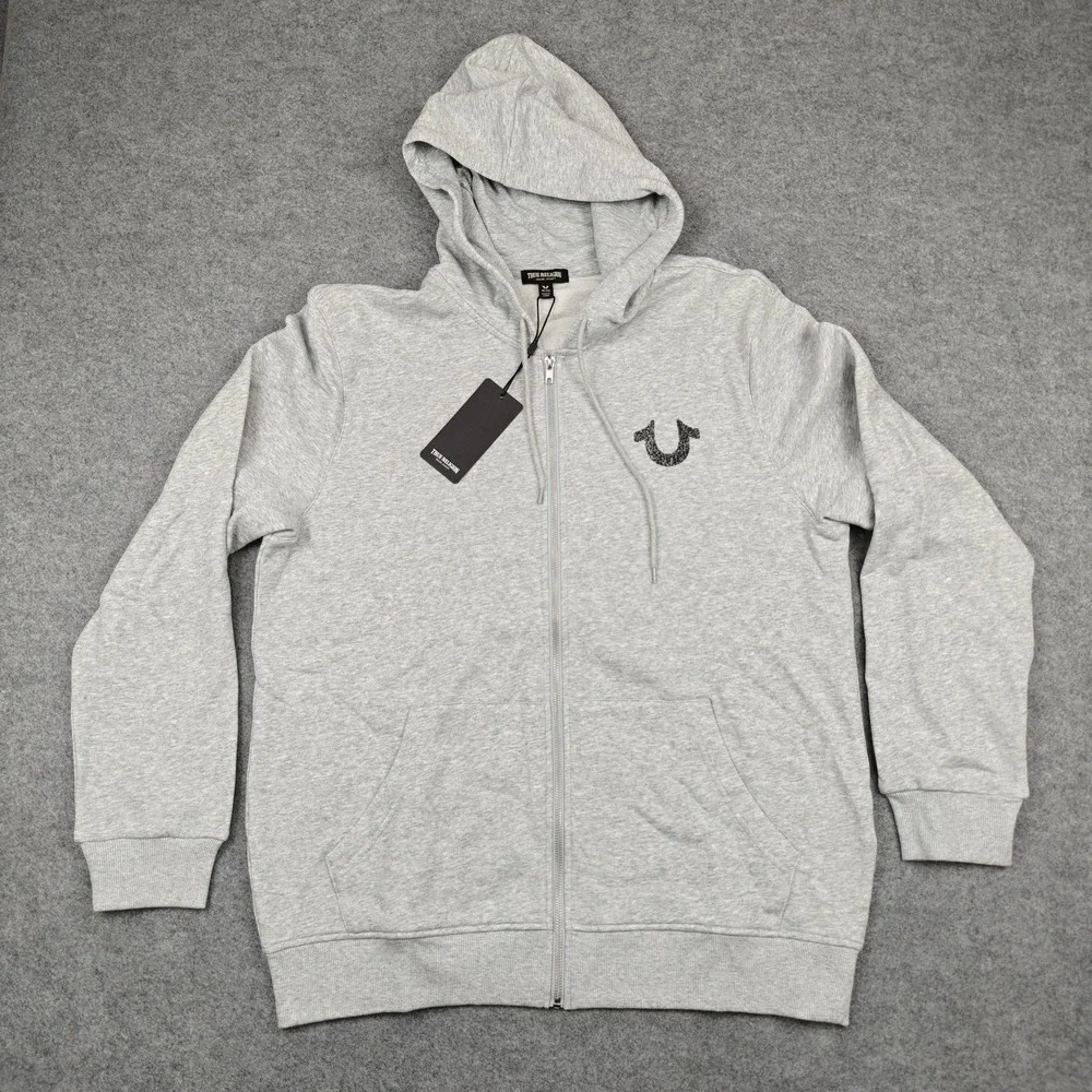 True Religion Hoodie Mens XL Gray‎ Textured TR Full Zip Graphic Logo Fleece